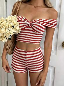 SHEIN Holidaya Striped Ruffle Sexy Crop Top And Casual Shorts Beach Outfit, Summer - Red - View 1