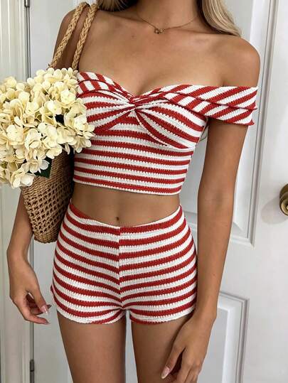 SHEIN Holidaya Striped Ruffle Sexy Crop Top And Casual Shorts Beach Outfit, Summer