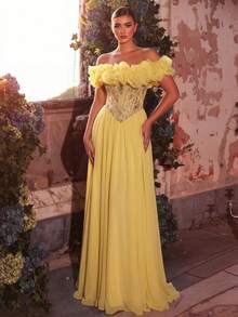 Glamrae Đầm maxi đuôi cá màu vàng ánh kim lấp lánh, chất liệu chiffon, thanh lịch, lãng mạn, thời trang và trang nhã, phù hợp cho các bữa tiệc trang trọng, đám cưới, tiệc độc thân, dạ hội. - Màu vàng - Xem 4
