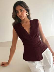 Aloruh New Minimalist Fashion Commuter Lace Patchwork Waist Ruched Asymmetric V-Neck Pullover Blouse - Burgundy - View 5