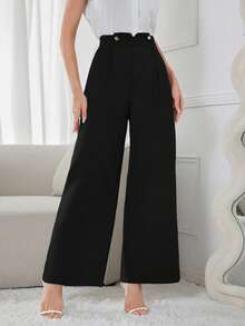 Modelyn Women's Solid Color High Waist Button Design Wide Leg Loose Pants - Black - View 3