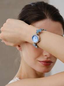 Opalesca 1pc Women's Casual Clover Rhinestone Decor Bracelet Watch, Gift Accessories - Blue - View 8