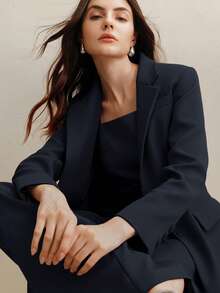 Anewsta Women's Solid Color Long Sleeve Jacket And Pants Formal Suit Set, Commuting Style - Navy Blue - View 5