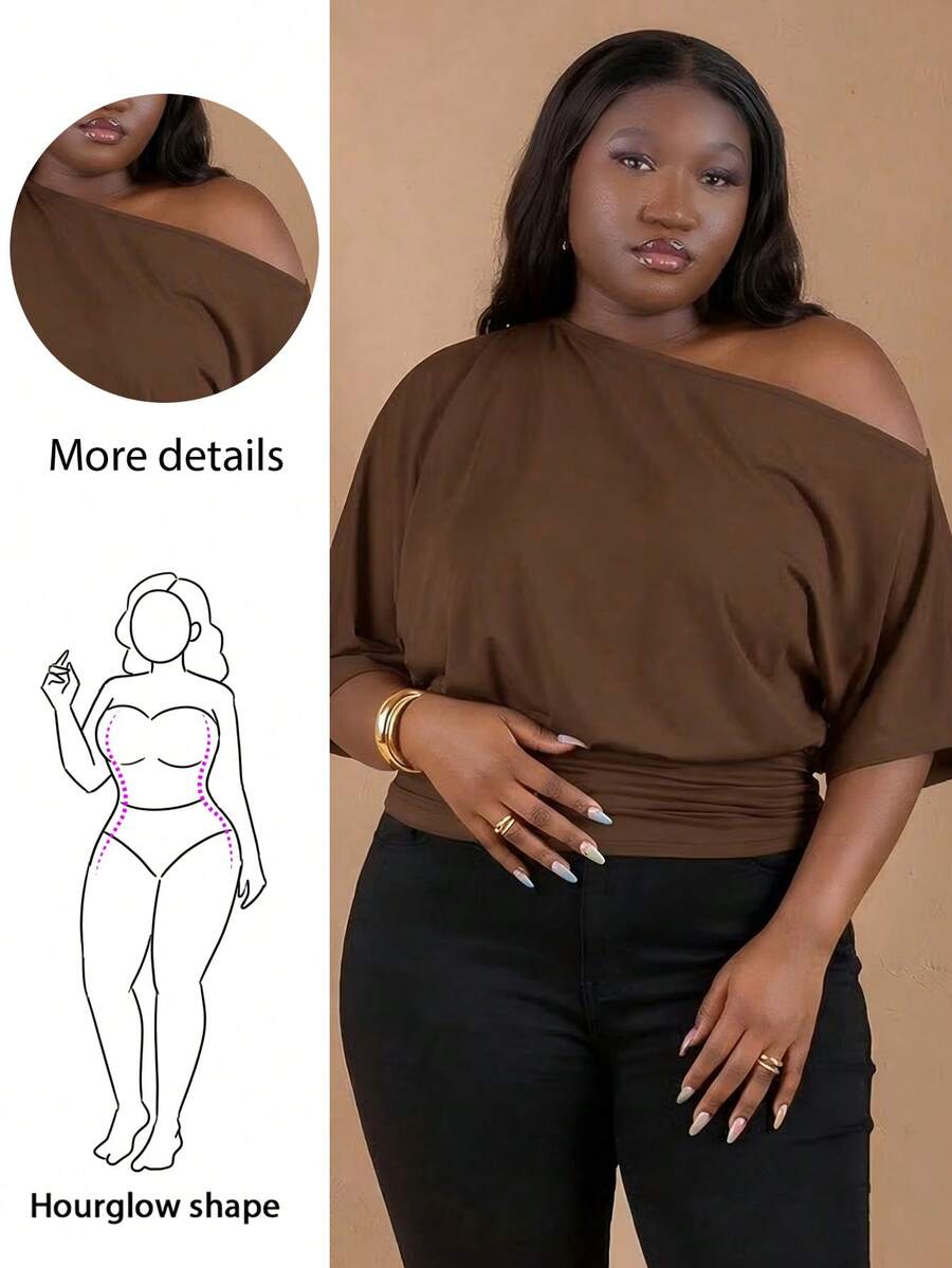 CurvyTilda Camiseta casual asimétrica de cuello para talla grande, versátil para uso diario, citas, té de la tarde, salir con amigos, ocasiones que combinan con todo, top de un hombro, para figura de reloj de arena - Marrón - Ver 1