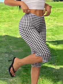 SHEIN PETITE Quần legging nữ kẻ caro dệt kim, bản rộng 5 inch, có chun co giãn. - màu đen - Xem 1
