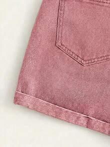 Summer Rolled-Up High-Waisted Denim Shorts - 薑色 - 查看 4