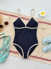 DAZY Traje de baño de una pieza con bloques de color para niñas preadolescentes, ideal para vacaciones - Azul Marino - Ver 1