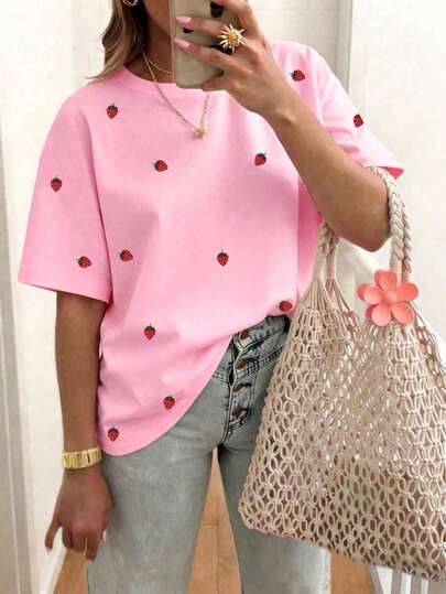 EMERY ROSE Damen Oberteil mit Fruchtmotiv, Kurzarm, Casual Outdoor-Outfit, Süßes T-Shirt, Loungewear
