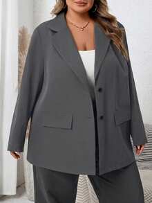 SHEIN CURVE+ Blazer de negocios casuales de unicolor talla grande - Gris Oscuro - Ver 3