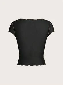 SHEIN ICON 女士休闲短袖圆领印花上衣 - 黑色 - 查看 2