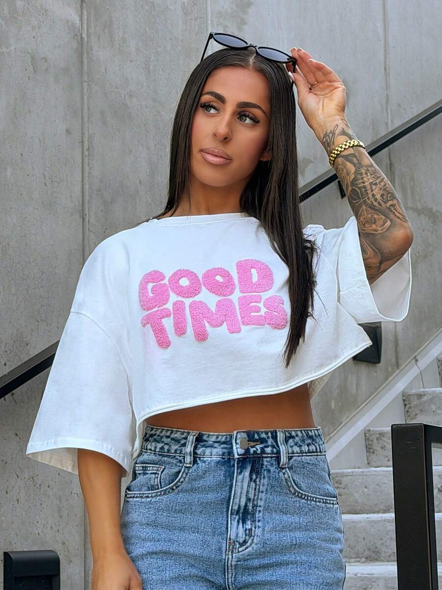 SAYEHFBABY Lễ hội âm nhạc mùa hè dành cho phụ nữ Streetwear Y2K Đồ họa thêu khăn dễ thương Áo phông ngắn màu trắng - trắng - Xem 1