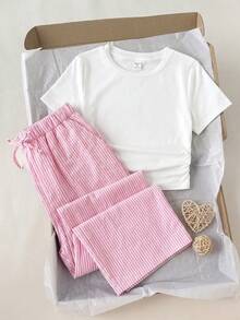 SHEIN 少女休闲日常舒适修身圆领短袖T恤和裤子套装 - 彩色 - 查看 2