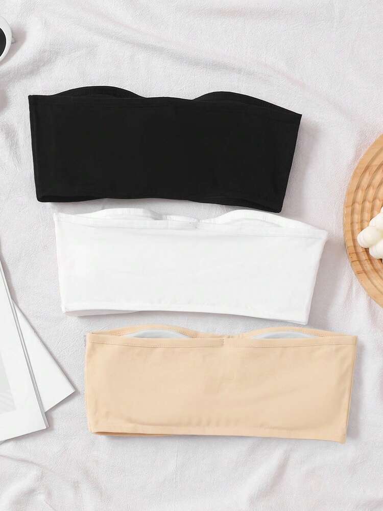 SHEIN Bộ 3 áo lót hai dây kiểu dáng thường ngày cho bé gái tuổi teen, màu đen/trắng/be. - Màu be - Xem 2