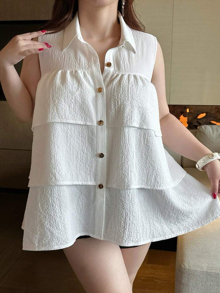 Dazy Plus Plus Size Women's Loose Fit White Blouse With Collar, Metal Button Decor, Layered Ruffle Trim, Casual Spring/Summer