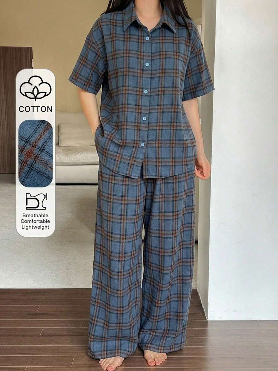 DAZY 2件套女士格子图案短袖开衫上衣和宽松直筒长裤睡衣套装,夏季 - 藍色 - 查看 1