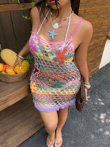 Sunnyshic 大码女式撞色3D立体花卉钩针镂空无袖连衣裙，适合春夏穿着，海滩/度假风，多色钩针镂空吊带裙 - 彩色 - 查看 8