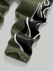 Young Boys Sleeveless Fashion Flame Pattern Black Denim Overalls - Army Green - View 5