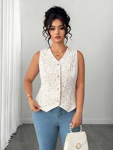 Elenzga Plus Size Women Elegant Lace Single-Breasted Vest - Apricot - View 6