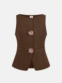 Firerie Kids 2pcs/Set Tween Girls' Casual Commuting Fashion Wine Red Button Decor Vest Top And Leggings Set - Brown - View 4