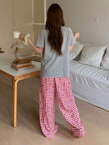 DAZY 2件套女士樱桃图案短袖T恤和格子直筒长裤睡衣套装，夏季 - 灰色 - 查看 2