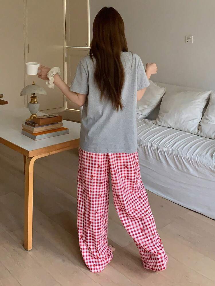 2pcs/Set Women Cherry Pattern Short Sleeve T-Shirt & Plaid Straight Long Pants Pajama Set, Summer