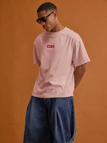 Musero Men Oversized Letter Front Chest Print Short Sleeve T-Shirt Summer Spring Vacation Holiday - Baby Pink - View 4