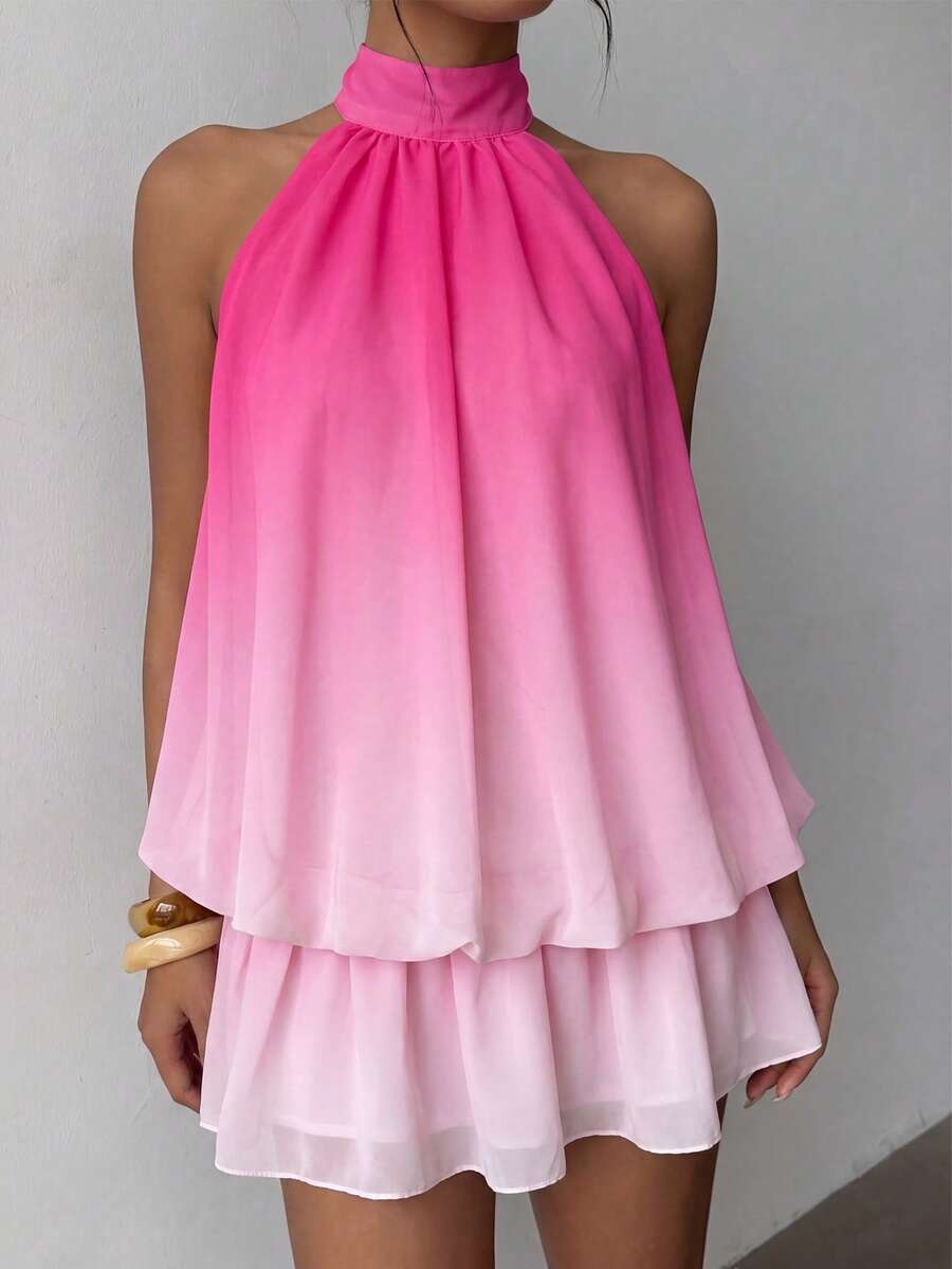 Tween Girl Elegant Ombre Backless Halter Mini Dress, Summer - Multicolor - View 1