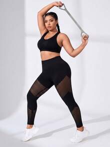 SHEIN Rhythm Era 大码女式网眼拼接休闲百搭日常运动紧身裤 - 黑色 - 查看 3