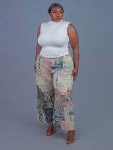 CurvyTilda Plus Size Retro Y2K Sexy Animal Print Hippie Pattern Slim Straight Leg Women Jeans, For Hourglass Body Shape - Multicolor - View 7