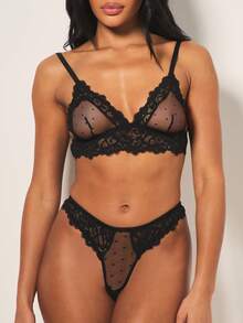 MISSGUIDED Lace Mesh Dot Two Piece Lingerie Set Bralette With Thong Intimate Valentine Date Night Collection - Black - View 5