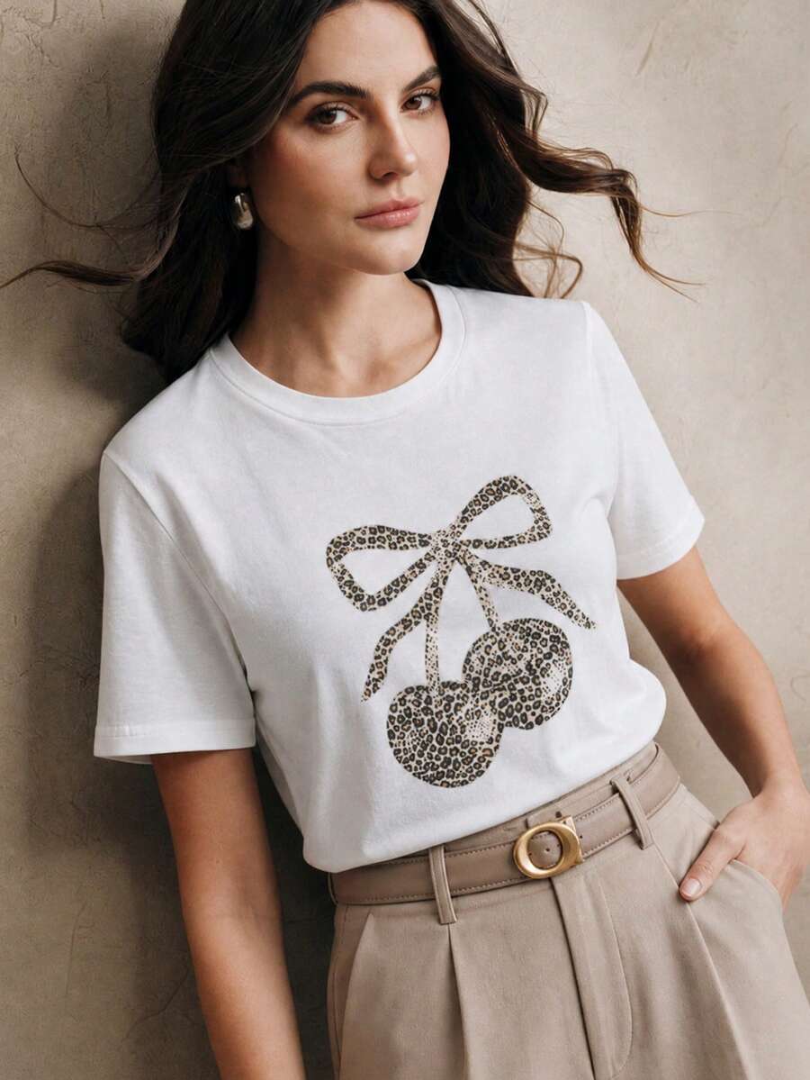 Anewsta Summer Casual Cute Leopard Print Cherry Graphic T-Shirt Everyday White Animal Print - White - View 1