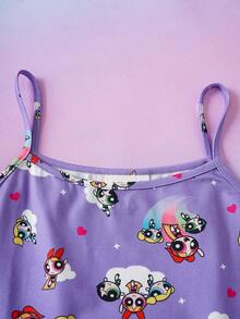 THE POWERPUFF GIRLS X SHEIN 少女卡通印花吊带背心和短裤睡衣套装 - 紫色 - 查看 3