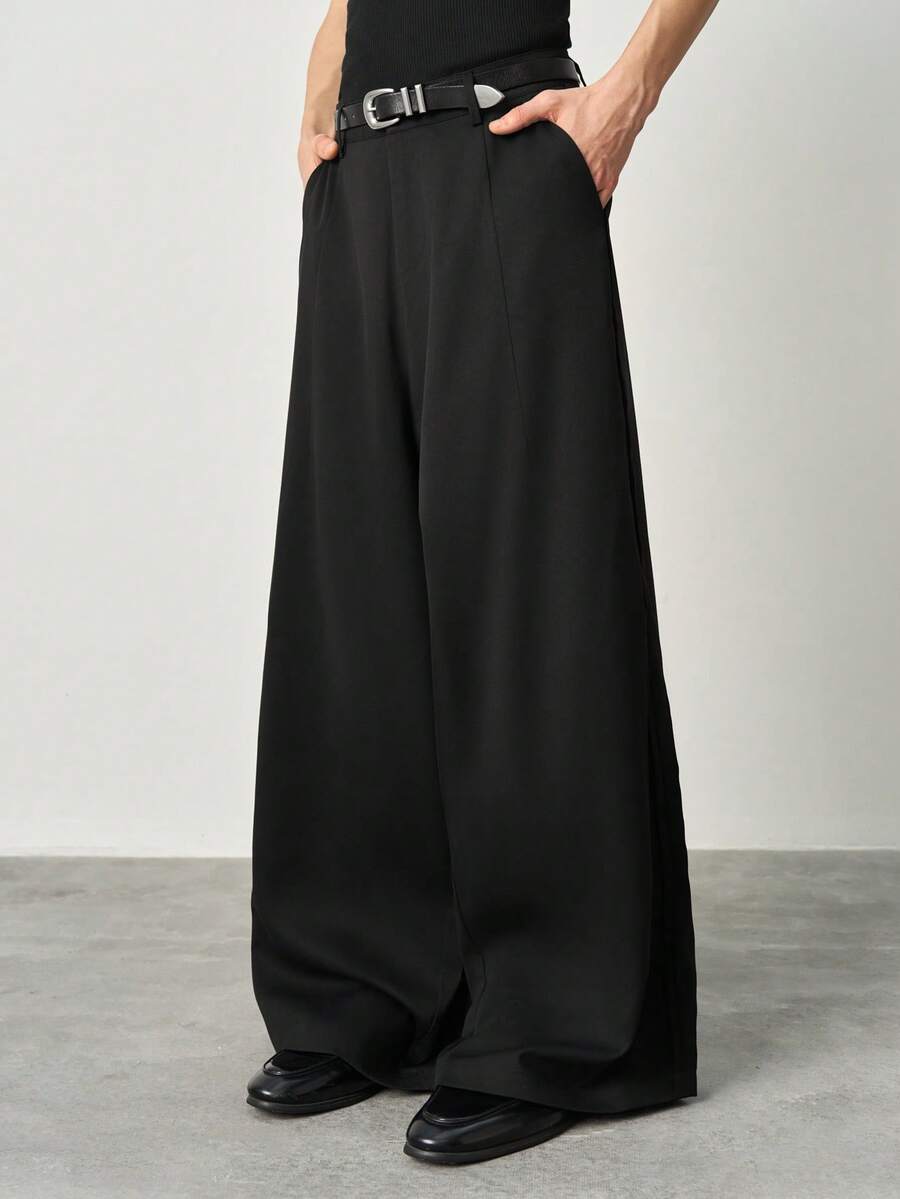 STYNVO Men's Minimalist Chique Classy Commuter Casual Black Side Pocket Wide Leg Pants Date Night Autumn - Black - View 1