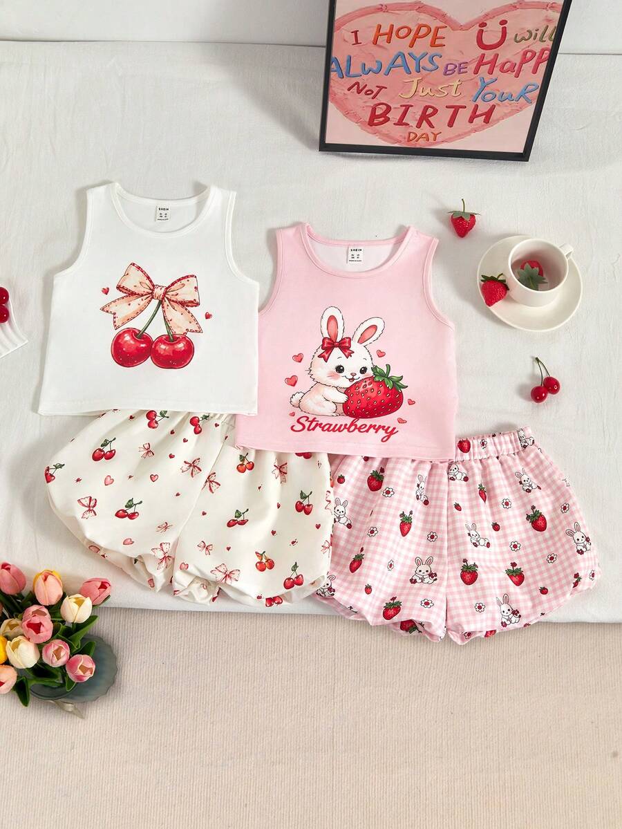SHEIN Genkimix Kids 4件套:女童甜美樱桃草莓印花吊带背心和草莓格子碎花短裤,清新夏日度假风,适合海滩、旅行和其他夏季场合。 - 彩色 - 查看 1