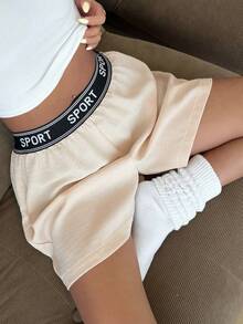 DAZY Quần short nữ thoải mái, chất liệu dệt kim, có in chữ, thích hợp mặc ở nhà vào mùa hè. - Màu be - Xem 1