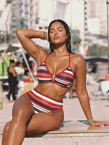 Slaydiva 2026 Summer New Plus Size Women's Striped V-Neck High Waist Triangle Bikini Two Pieces Swimwear Beach White - Multicolor - View 4
