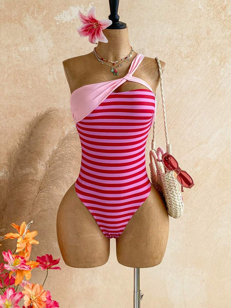 Soleia Women's Fashion Resort Beach Striped Contrast Color One-Piece Swimsuit - Multicolor - View 1