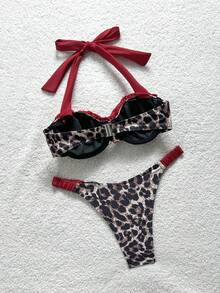 Soleia Women's Summer Vacation Beach Leopard Print Ruffled Halter Bikini Set - Multicolor - View 2