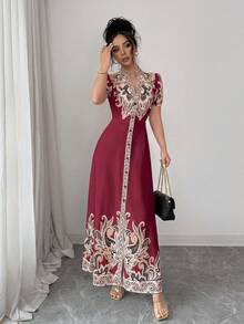 SHEIN Elenzya 杏色深V领收腰数码印花拼接优雅A字连衣裙，适合女士正式晚宴、约会、婚礼等场合（定位花卉图案） - 紅色 - 查看 3