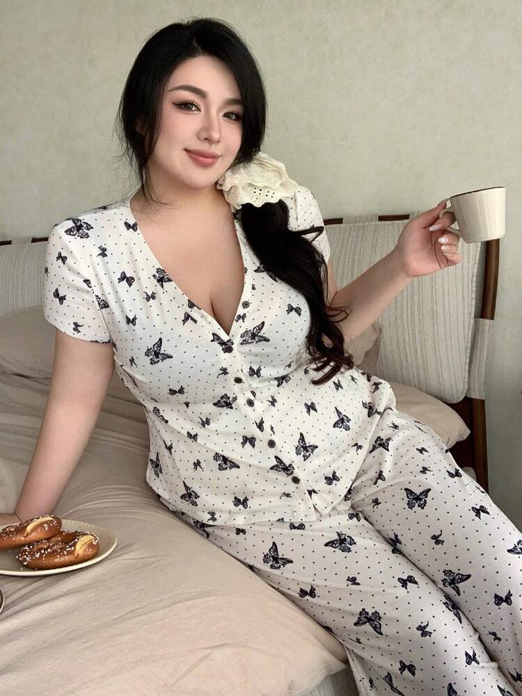 Dazy Plus Summer Elegant Butterfly Print Top & Wide Leg Pajama Pants Set, Plus Size Graceful Sleepwear