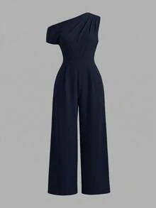 Firerie Kids Firerie Kids Tween Girl Solid Color Ruched Asymmetrical Shoulder Wide Leg Jumpsuit - Navy Blue - View 5