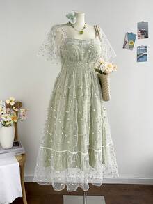 Soleia Vestido verde vintage con bordados y volantes en las mangas, cintura elástica, para mujer talla grande. Vestido casual de verano adecuado para volver al colegio, almuerzos lindos, despedida de soltera - Verde - Ver 6