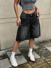 SHEIN EZwear 女士时尚百搭口袋纽扣毛边牛仔短裤 - 黑色 - 查看 3