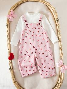 SHEIN Bộ áo liền quần in hình quả anh đào dễ thương cho bé gái - Hồng - Xem 10