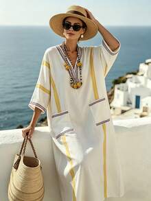 SHEIN Holidaya Women's White And Yellow V-Neck Printed Loose Three-Quarter Sleeve Bohemian Dress,Summer Boho Holiday Vacation Holiday Resort Kaftan Beach Cover-Up - Multicolor - View 6