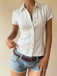 Women's Casual Fitted Short Sleeve Denim Blouse, Blue - White - View 1