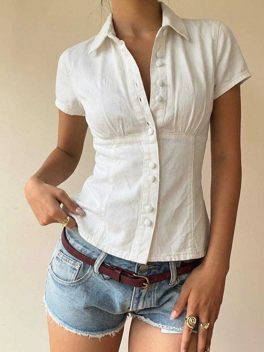 Women's Casual Fitted Short Sleeve Denim Blouse, Blue - White - View 1