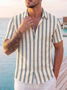 VIVINTIMO Men's Striped Print Short Sleeve Shirt, Suitable For Daily Wear, Holiday - Multicolor - View 3