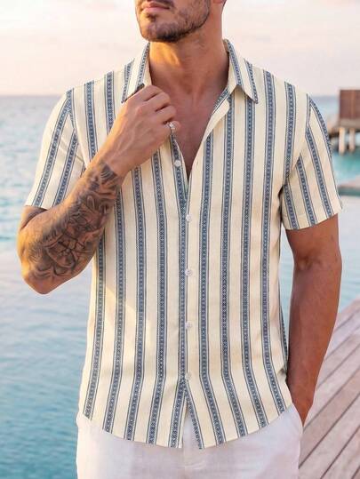 VIVINTIMO Men's Striped Print Short Sleeve Shirt, Suitable For Daily Wear