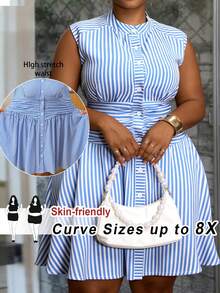 SHEIN CURVE+ 春夏新款优雅通勤/休闲外出/约会/婚礼/毕业季/生日派对/闺蜜聚会无袖立领开襟衬衫裙蓝白条纹腰带A字下摆梭织面料大码迷你连衣裙 - B，夏季连衣裙 - 藍色 - 查看 12